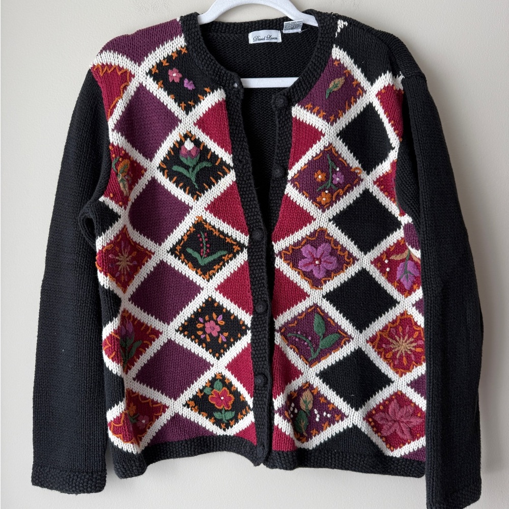 Vintage Black and Purple Cardigan with Floral Accents